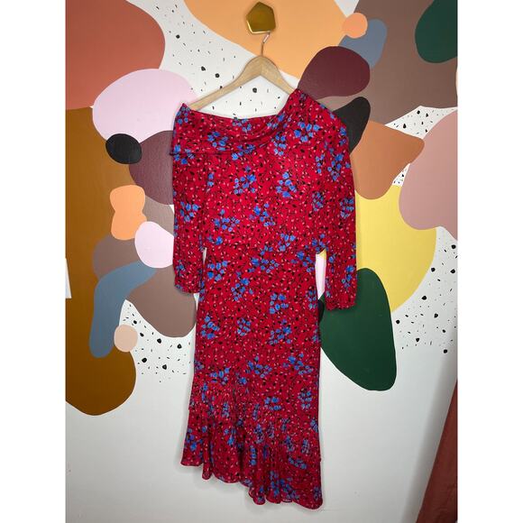 SALONI Lexie Red Floral Asymmetrical Ruffle Pleat Cold Shoulder Silk Dress US 0 - Picture 4 of 10